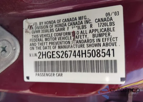 2004 Honda Civic Ex from USA, damaged, VIN 2HGES26744H508541